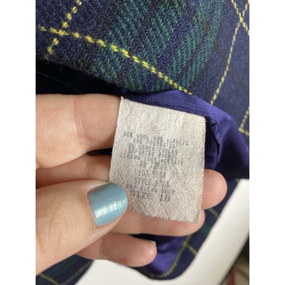 Vintage Plaid Blazer Womens 18 Blue Green Wool Blend Preppy Academia 1X 90s - Picture 7 of 9